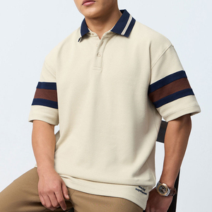 Polo en tricot gaufré crème pour homme, style décontracté, col rayé color block, tissu en coton respirant - Product Image 4