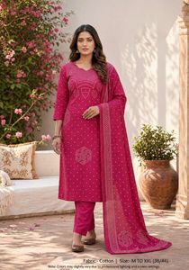 Designer Beautiful Bandhani Print With Intricate Neck Detailing Premium Cotton <b>Kurti</b> With Pant And Dupatta Set - Product Image 5