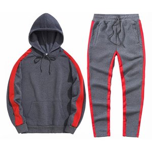 Custom Men's Gray <b>Red</b> Color Blocking Hooded Tracksuit Set Casual Knitted Cotton Autumn Wear Activewear Joggers Sweatshirt Pants - Product Image 1