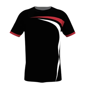 T-shirt à manches courtes pour homme, noir, col rond, avec motif géométrique rouge et blanc, séchage rapide, tricoté, sportif, coupe classique - Product Image 6