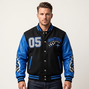 Men Black Letterman Jacket Blue Leather Sleeves Racing <b>Car</b> Graphic Embroidered Design Snap Front Ribbed Streetwear - Product Image 2