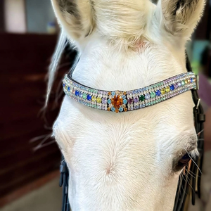 Diadema para Caballo de Cuero Negro con Forma de Ola, de Moda, Personalizada con Cinco Filas de Cristales Brillantes de Colores - Product Image 6