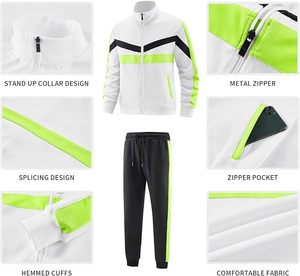 ชุดวอร์มผู้ชายสีขาวดำเขียวนีออน แจ็คเก็ตซิป กางเกงขายาว ผ้าถักโพลีเอสเตอร์ ระบายอากาศได้ดี เหมาะสำหรับฤดูใบไม้ร่วง - Product Image 2