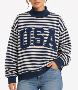 Sweat-shirt à col montant personnalisé USA, surdimensionné, avec appliqué en gingham, lettres brodées, en molleton unisexe - Product Image 1