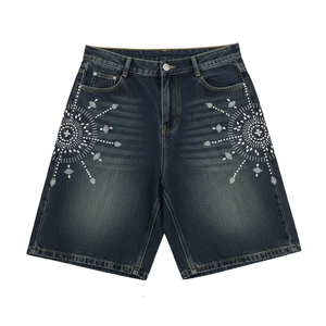 Vaqueros Jorts de mezclilla para hombre, personalizados, estilo casual urbano, holgados, con lavado vintage, de pierna recta, desgastados, con pedrería, antiarrugas y cierre de cremallera - Product Image 1