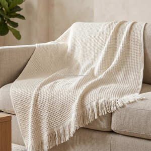Soft Woven Cotton <b>Waffle</b> <b>Blanket</b> 50x60 Inch Neutral Decorative Accent for Farmhouse Sofa Chair and Bedroom Styling - Product Image 1