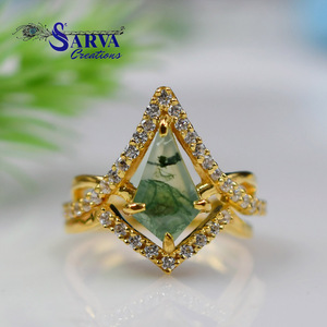 Women's Gold Plated <b>Ring</b> With Zirconia Natural <b>Moss</b> <b>Agate</b> Triangle Cut Pave Setting Luxury Geometric Design - Product Image 1