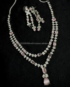 Classic American Ethnic Diamond Bridal Engagement Gift <b>Set</b> Two-Piece <b>Necklace</b> Earrings Brass Antique <b>Silver</b> Plated Wedding Party - Product Image 1