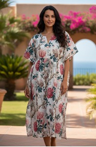 Kaftan en coton imprimé à la main : Robe de plage bohème, grande taille - Product Image 6