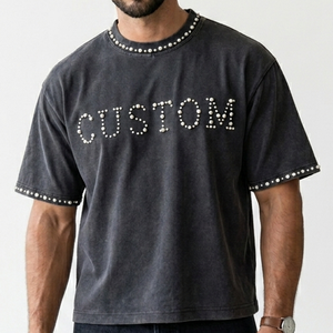 T-shirt IBEX personnalisé surdimensionné, effet délavé, avec strass, 100 % coton, tissu doux et respirant, pour homme et femme. - Product Image 3