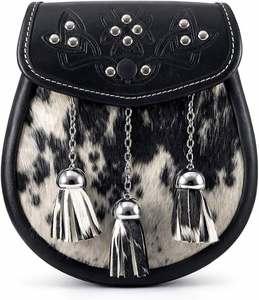 Pochette en cuir noir Sporran à motif écossais en cuir de vachette avec pompons - Product Image 1
