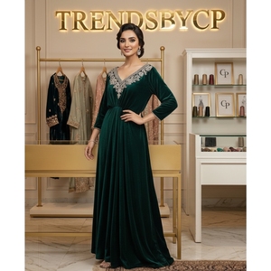 Luxury Hand-Embroidered Shimmering <b>Sequined</b> Pure Velvet Dazzling Blue Floor-Length <b>Kaftan</b>-Custom Colors Party Modest Evening - Product Image 3