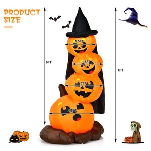 Citrouille gonflable d'Halloween avec chapeau de sorcière et lumières LED - Décoration de jardin extérieure de 7 pieds - Product Image 5