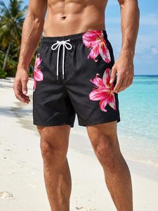 Maillot de bain noir pour hommes avec imprimé fleur de lys rose, short en polyester à séchage rapide, coupe régulière, 1 pièce - Product Image 3