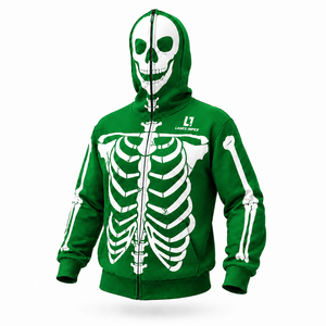 <b>Skeleton</b> Skull Green Hoodie Men's Gothic <b>Full</b> Zip Bone Print Jacket Halloween Streetwear Sweatshirt Custom Logo Graphic Printed - Product Image 1