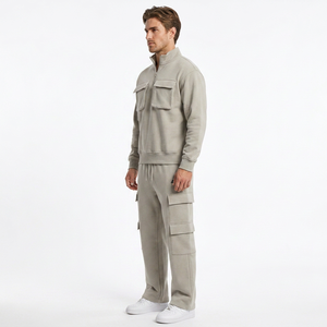 Ensemble de survêtement cargo pour homme, pull à col zippé, coupe décontractée, 100% coton, sweat-shirt et pantalon de jogging multi-poches, vente en gros - Product Image 4