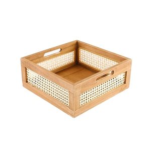 Panier de rangement en rotin et bois fait main avec poignées, bac de rangement décoratif tressé, caisse de rangement rustique style ferme pour la maison et le bureau - Product Image 1