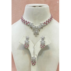 Stylish Premium Brass <b>Silver</b> Plated Zircon CZ <b>Necklace</b> Earring Tikka <b>Set</b> Women Trendy Engagement Party Wedding Gift - Product Image 1