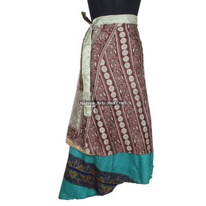 ชุดผ้าไหมศิลปะแบบดั้งเดิมของผู้หญิงอินเดีย กระโปรงผ้าไหมแบบพัน 2 ชั้น ผ้าไหมมหัศจรรย์แบบพลิกกลับได้ ผ้าซารีแบบพัน กระโปรงยาวแบบพัน ผ้าพันมหัศจรรย์ ลายบล็อกทำมือ - Product Image 6