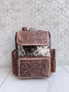 New Hand Tooled Leather Cowhide <b>Backpack</b> With Floral Carving Unisex Bohemian Style Multiple Pockets Zipper Closure Daily Use Bag - Product Image 4