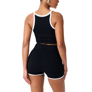Ensemble sportif côtelé 2 pièces pour femme, noir et blanc, avec haut court dos nu et short au-dessus du genou, respirant, en Spandex et Polyester, Printemps-Été - Product Image 5