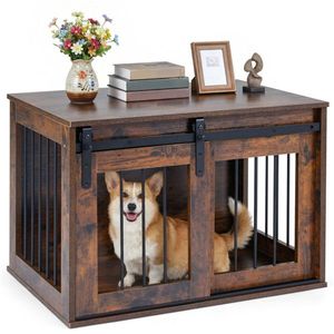 Rustic Brown 31.5\" Wooden Dog <b>Crate</b> Furniture with Sliding Barn Door Indoor Use Kennel End Table for Pets - Product Image 1