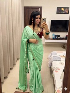 Sari en soie pure Rangoli, style Jumka, avec dentelle et broderie de perles traditionnelles, élégant, avec chemisier en satin, pour femme, vert pistache, idéal pour les fêtes. - Product Image 2