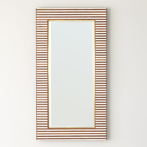 Miroir mural rectangulaire moderne style ferme, en bois et incrustations d'os, cadre rayé marron et blanc, bordure dorée - Décoration de luxe artisanale et durable - Product Image 1
