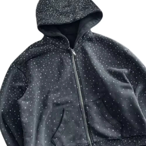 Sweat à capuche zippé de luxe avec strass, en polaire épais coupe-vent, personnalisable, unisexe, style streetwear tendance - Product Image 3