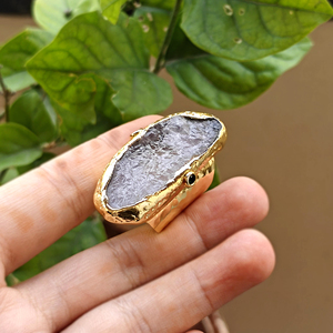 Natural raw crystal rose quartz statement <b>ring</b> with emerald cz accents solid <b>brass</b> 18k gold plated organic shape <b>ring</b> for women - Product Image 4