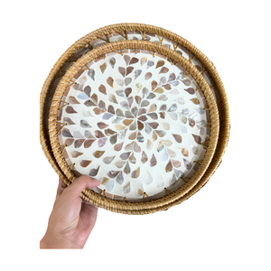 Handmade Vietnam Round Rattan <b>Tray</b> Made from Natural Rattan with Mother of Pearl Inlay for Dining and Decorative Display - Product Image 2