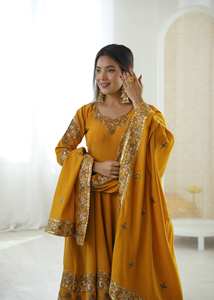 Conjunto de Vestido Anarkali de Seda Romana Premium Bordado con Dupatta y Pantalón - Traje Étnico Completo para Fiestas - Product Image 3