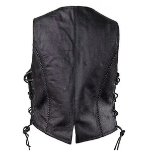 Gilet moto en cuir véritable pour femme avec col montant, en toile écologique, avec lacets latéraux et fermeture éclair, vêtement d'extérieur pour l'automne - Product Image 2