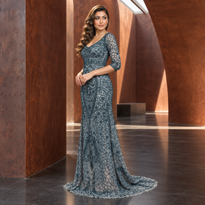 Steel Blue Embellished Evening Gown | Scoop Neck 3/4 Sheer Sleeve Floor Length A-Line Formal <b>Dress</b> with Ornate Pattern Detailing - Product Image 3