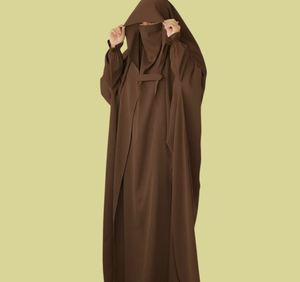 Ensemble Abaya pour femmes musulmanes, style saoudien, en satin uni, manches longues, longueur ras du sol, coupe papillon, tenue modeste entièrement couvrante, avec Niqab-Hijab, couleur naturelle - Product Image 1