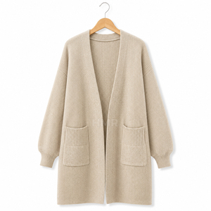 HMR Sisterhood Sorority Acrylic <b>Long</b> Knitted <b>Cardigan</b> V-Neck Full Sleeve Casual Loose Fit With Pockets <b>Beige</b> - Product Image 5