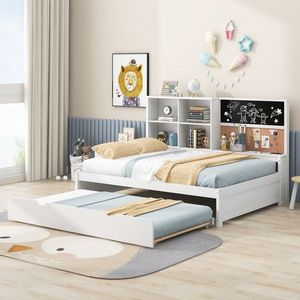 Cama nido de tamaño completo con estantes de almacenamiento, pizarra y tablero de corcho, puertos USB, cama nido individual para niños en blanco y negro - Product Image 2