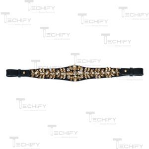 Fronture de luxe en cristal pour cheval – Fronture en cuir noir avec strass dorés - Product Image 3