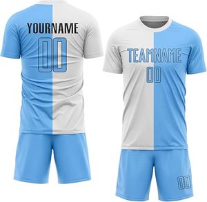 ชุดเสื้อฟุตบอลสีฟ้าอ่อนขาวแบบซับลิเมชั่น ไซส์พลัสสำหรับผู้ใหญ่ คอกลม แขนสั้น ระบายอากาศได้ดี ผลิตจากโพลีเอสเตอร์ 100% - Product Image 1