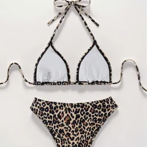 Ensemble bikini deux pièces imprimé léopard pour femme, haut triangle ajustable à nouer, bas échancré taille haute, maillot de bain imprimé animal - Product Image 3