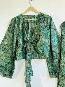 Ensemble bohème 2 pièces pour femme : haut court en mousseline florale avec ceinture et short large coupe ample – Tenue décontractée printemps-été - Product Image 3