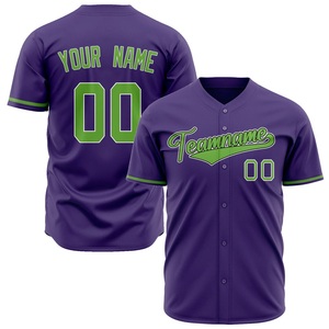 Camiseta de béisbol morada personalizada con ribete verde, estampado sublimado, nombre del equipo 00, camisa de manga corta con botones para hombres adultos - Product Image 1