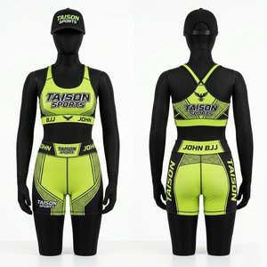 Ensemble de short et soutien-gorge BJJ en coton 100% 240 GSM, vert néon, noir rayé, taille élastique, logo personnalisé par sublimation, pour femmes - Product Image 5