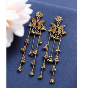 Pendientes de Lujo con Borlas de Mariposa Chapados en Oro - Joyería Étnica India Larga con Piedra de Rubí - Product Image 2