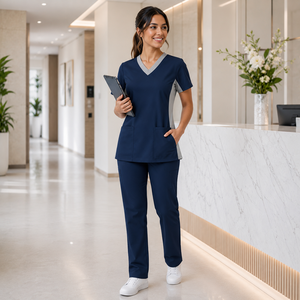 Blouse médicale personnalisée pour femme, bleu marine, col en V, manches courtes, extensible, uniforme d'infirmière d'hôpital avec poches, vente en gros OEM, denim - Product Image 4