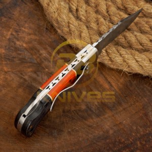 Cuchillo de Acero de Damasco con Punta Caída, Mango de Madera, Bolster de Latón, Cuchillo de Camping Plegable de 7 Pulgadas - Product Image 3