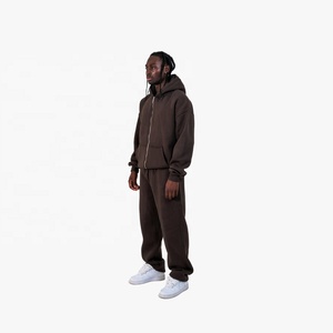 Ensemble de survêtement pour homme en coton marron uni à capuche avec fermeture éclair intégrale, coupe ample, décontracté, pour l'automne, avec poches latérales - Product Image 5