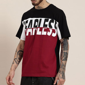 Camiseta Oversize de Manga Corta para Hombre sin Cuello, con Ribete en Contraste, de Algodón Jersey, Estilo Urbano, Estampado de Letras, Rojo, Negro, Blanco - Product Image 1