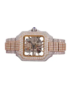 Montre de luxe personnalisée en or blanc avec moissanite et diamants ronds pour homme, cadran squelette, idéale pour les mariages et les soirées - Product Image 1