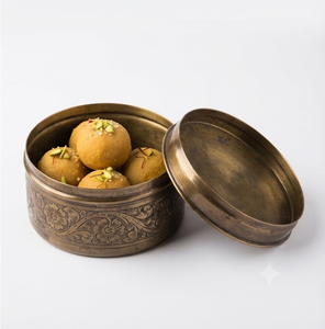 Stackable Round Brass <b>Sweet</b> <b>Box</b> With Hammered Lid Airtight Food Keeper Kitchen Organizer Vintage Style Handcrafted - Product Image 6